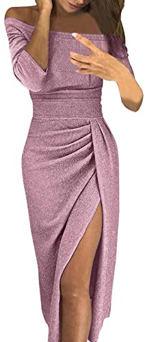 Dam off shoulder klänningar, elegant lång aftonklänning, enfärgad glitterklänning, långärmad delad cocktailklänning, festklänning för kvinnor, sexig snäv fest klubbklänning, festlig bodyconklänning,