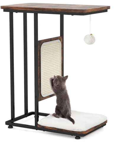 GOPLUS Table d'Appoint avec Griffoir pour Chat, Coussin Lavable Amovible, Boule Pompon Tintante, Table d'Appoint en Forme de C Style Moderne pour Chat, 50x30x64cm