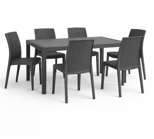 Tomaino - Juego de mesa y 6 sillas de jardín apilables de plástico - Silla y mesa para exterior - Juego de comedor de 6 plazas polipropileno efecto ratán - 150 x 90 x 74 cm - Para balcón, terraza