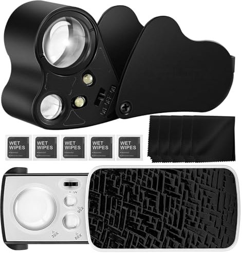 2 Stück Juwelier Lupe,Juwelierlupe,30X 60X 90X Vergrößerung Metall Faltlupe,Vergrößerung Metall Faltlupe,Juwelierlupe mit LED UV Licht,Taschenlupe für Rocks,Edelsteine Schmuck,Briefmarken,Modelle