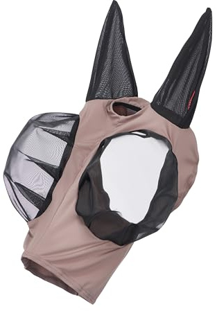 LeMieux Máscara de media mosca para alivio de insectos, diseño de tirar, tela elástica en cuatro direcciones, dardos de ojo de insecto, orejas de malla, nogal, XL