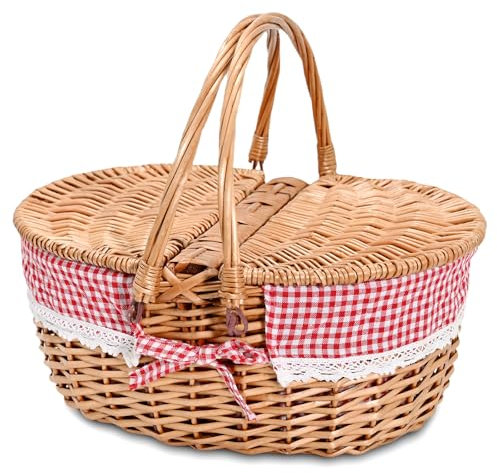 Wicker Picnic Basket with Removable Liner Empty Picnic Baskets with Lid for 2, Picnic Hamper with Foldable Handles for Picnic 2,Checkered