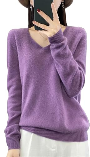 Vsadsau Suéter de lana merina 100% sin costuras para mujer, cuello en V, de color sólido, con botones, ligero, Morado (, XL
