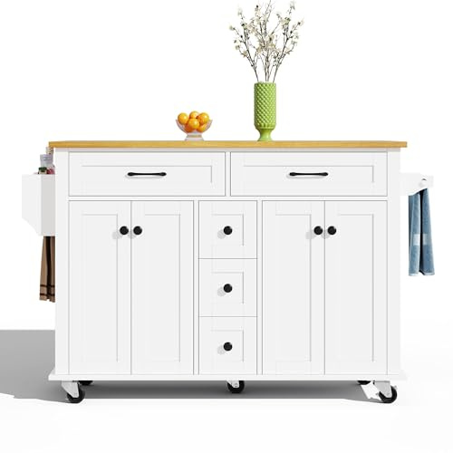 Carrello da cucina multifunzionale, isola da cucina con piano di lavoro pieghevole, espandibile, con 5 cassetti, armadi, portasciugamani, su ruote, carrello di servizio per cucina (bianco)