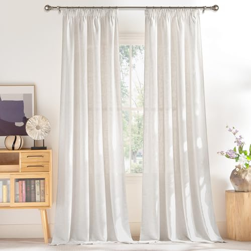 PONY DANCE Visillos Salon Semi-Translucidas con Ganchos para Rieles, Cortinas Gruesas(250 g/m2) de Lino para Dormitorio/Comedor,140x260cm,Lino