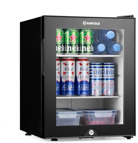Subcold Aire40-G LED Mini Fridge | 40L Table Top Model | Quiet Frost Free Fridge for Bedrooms & Hotels | Lockable with Glass door & interior LED light (Black)