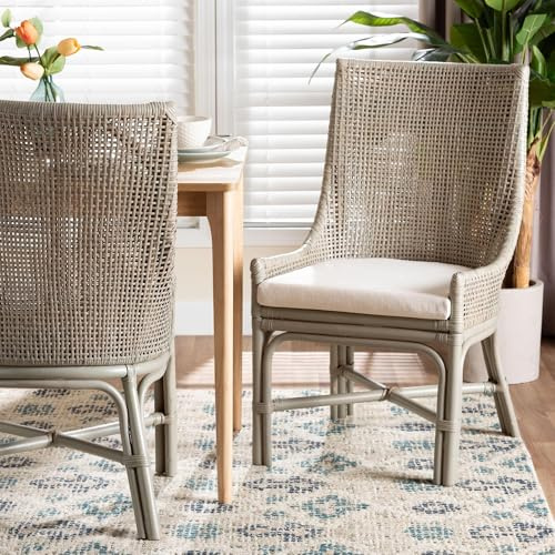 Bali & pari Bella Rattan Dining Chair with Cushion - Handwoven Wicker Accent Side Chair with High Backrest, Coastal Boho Seating for Kitchen or Dining Area, French Grey