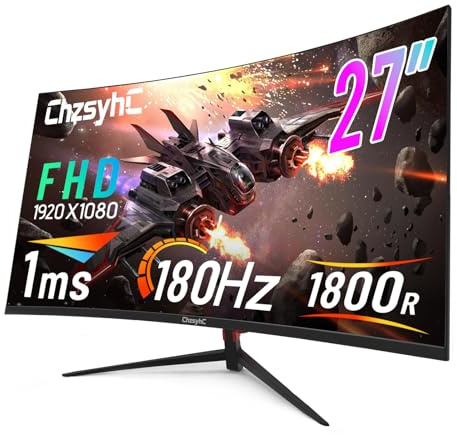ChzsyhC 27 Inch Curved 180Hz Gaming Monitor, 1800R Curved Gaming Monitor, 1ms MPRT, FHD(1920×1080P), Freesync, HDMI2.0,DP1.4, VESA Mountable(DP&HDMI Cable Incl.)