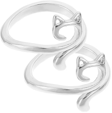 HIAKDOFT Anillos Ajustables de Aleación para Tejer, Anillos Decorativos de Gato Geométrico, 2 Piezas Plateadas para Manualidades de Tejido y Crochet Profesional