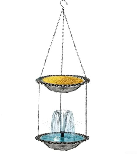 Crabop Mangeoire solaire à suspendre en métal pour oiseaux sauvages avec baignoire – Station de jardin extérieure pour petits oiseaux 25 cm Bleu (gris)