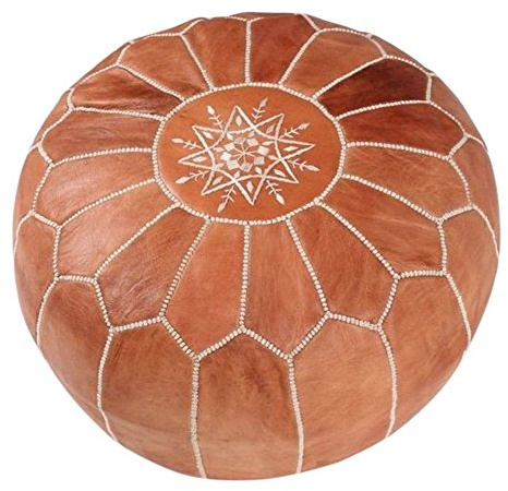 moroccan poufs Puf redondo marrón – Funda para reposapiés de piel auténtica, hecha a mano, 53,3 x 53,3 x 35,5 cm, marrón claro