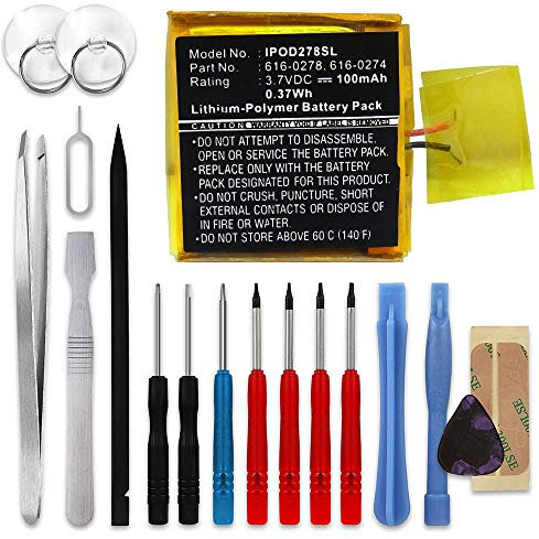 subtel, Batterie pour Lecteur MP3 Compatible avec Apple iPod Shuffle 2 Gen. - A1204 (3.7V, 100mAh) + Kit d'outils