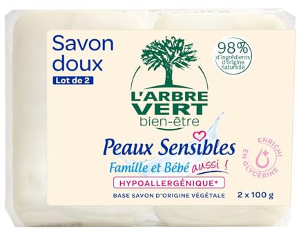 L'Arbre Vert Bien-être Savon solide doux enrichi en glycérine Peaux Sensibles Famille et bébé aussi!- Hypoallergénique - 98% d'ingrédients d'origine naturelle lot de 2x100g