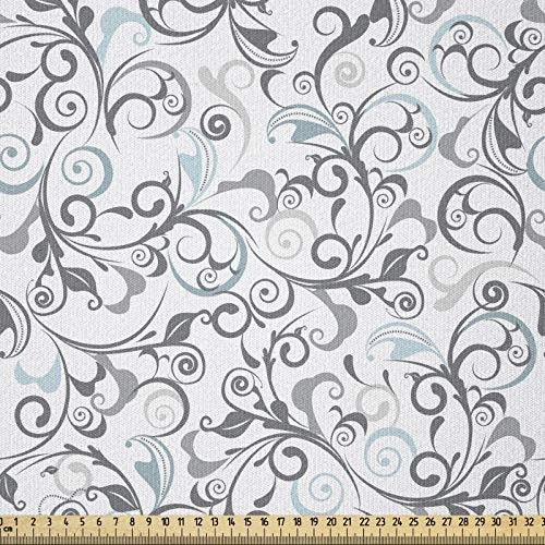 ABAKUHAUS Floreale Tessuto a Metraggio, Damasco antico Riccioli, Tessuto Decorativo per Tappezzeria e Accenti Casa, 2M (148x200cm), Azzurro Bianco Grigio