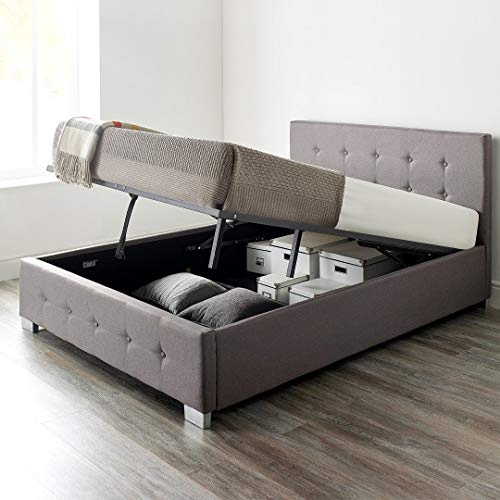 Aspire Beds Upholstered Storage Ottoman Bed Frames With End or Side Opening Ottoman Lift, End Opening, Grey Linen, 6ft Super King 180 x 200