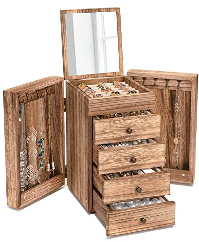 Emfogoo Jewellery Box for Wowen, 5 Layer Large Wood Jewellery Organiser Box with Mirror & 4 Drawers for Necklaces Earrings Rings Bracelets, Vintage Style Rustic Brown