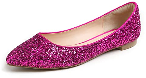 Feversole Dam gnistrande minnesskum dämpad färgglad blank spetsig balettpumpar pumpar, Het fuchsia spets glitter, 38.5 EU