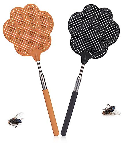 TAKUZA Lot de 2 tapettes à mouches extensibles avec grattoir à moustiques intégré, pour repousser les mouches, guêpes, moustiques et autres insectes (noir, marron)