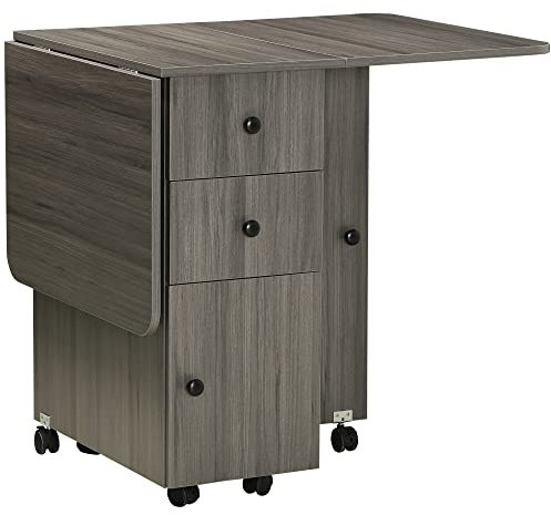 HOMCOM Folding Dining Table for 4-6, Rolling Drop Leaf Table on Wheels with Storage Drawers, Cabinet and Open Shelf for Kitchen, Dining Room, Grey