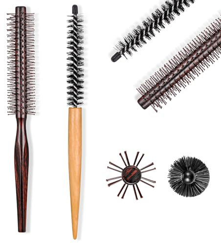 Zocipro Runde Haarbürste aus Holz, Birnbaum, gelockt, Nylonborsten und kleiner runder Kamm, Nylon-Rollenkamm, Haarstylingbürste für kurzes Haar, Pony, Bart, Locken, 2 Stück