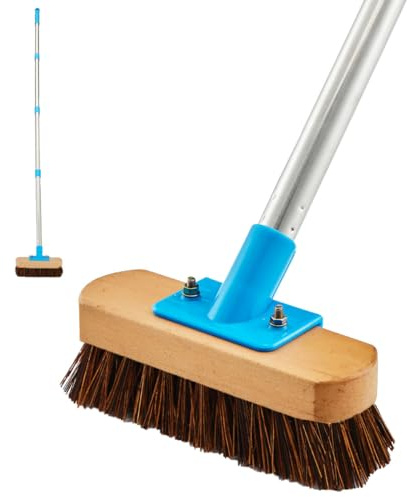 YONILL Heavy Duty Deck Brush with Long Handle - 60 Floor Scrub Brush with Stiff Natural Palmyra Bristles, Outdoor Scrubber Brushes for Cleaning Rough Surface, Concrete Floor, Patio, Garden, Sidewalk