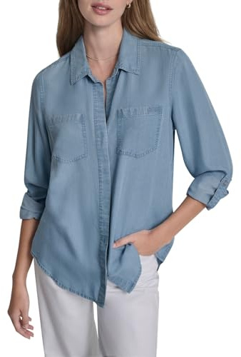 DKNY Women's Splitback Long Sleeve Button Down with Cuffed Sleeve, Chambray, X-Large