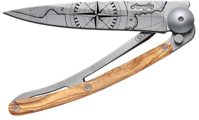 Deejo - Couteau de Poche Pliant 27g - Manche en Bois d’Olivier, Lame en Acier Inoxydable Z40C13 - Motif Terra Incognita - Couteau de Table, Randonnée, Camping, Bivouac