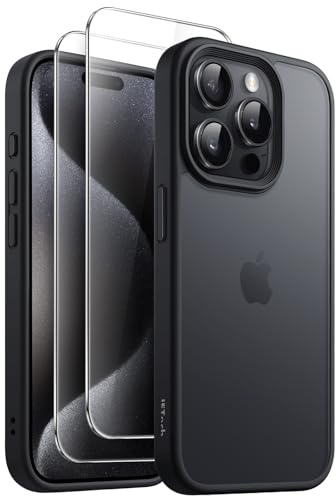 JETech 3 in 1 Matte Case for iPhone 15 Pro, Black | 2 Tempered Glass Screen Protectors, Translucent Frosted Phone Cover