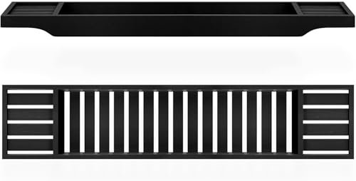 Bamboo Bathtub Caddy Tray Bridge Wooden Bath Rack Tidy Tray Storage Caddy Organiser Bathroom Accessory Bath Shelf Over Tub Bathroom Board Storage Shelf Tidy Relax Organiser (Black)