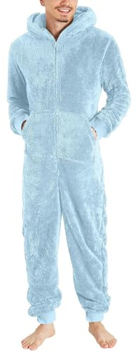 SACFOF Mens Fuzzy Fleece Hooded Jumpsuits Long Sleeve Zip Up One Piece Plush Pajamas Sherpa Fuzzy Sleepwear Overall Rompers