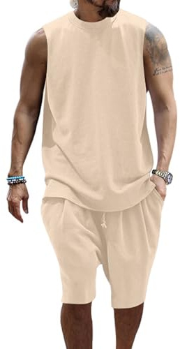 PRIVIMIX Herrlinne och shorts set sommardräkt 2-delat shorts och ärmlös T-shirt ledig outfit M-3XL, Beige, L