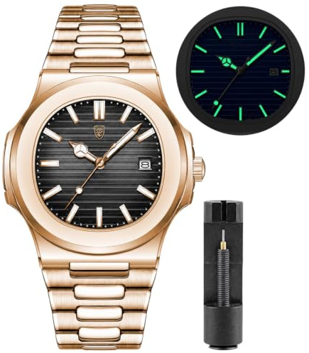 Gosasa - Orologio da uomo alla moda, in acciaio inox, movimento al quarzo, luminoso, impermeabile, con display analogico