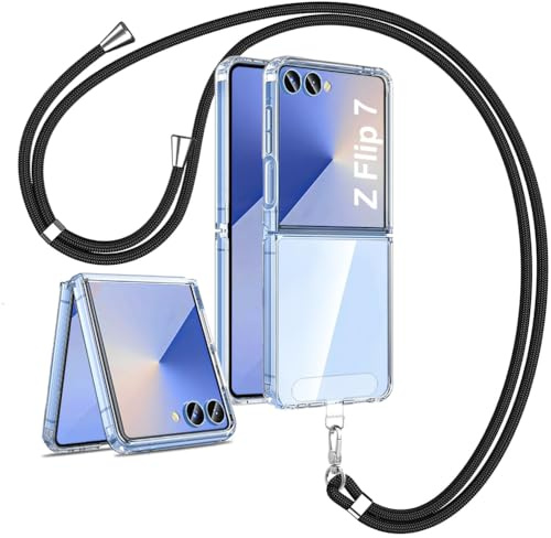 Mkej Handykette Kompatibel mit Samsung Galaxy Z Flip 7 - Silikon Hülle mit Band - Handyhülle mit Band für Samsung Galaxy Z Flip 7 - Transparent Case mit Schnur - Schutzhülle mit Kordel in Schwarz