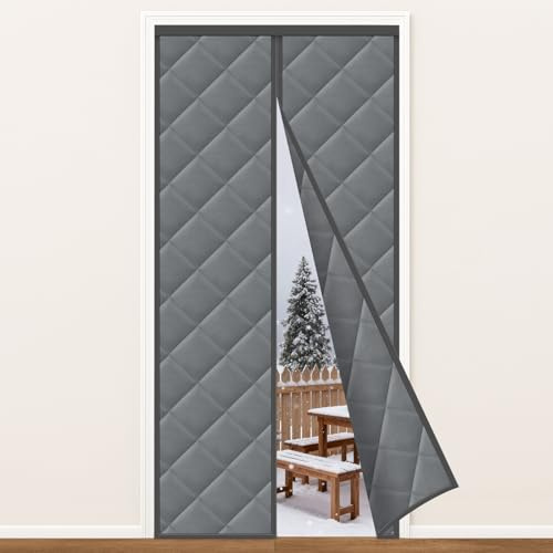MYCARBON Rideau Magnétique Porte Isolation Thermique(90x210cm, Gris Foncé) | Rideau Isolant Thermique, Coupe-vent, se Referme Tout Seul avec les Aimants, Installation sans Perçage, avec Ruban Adhésif
