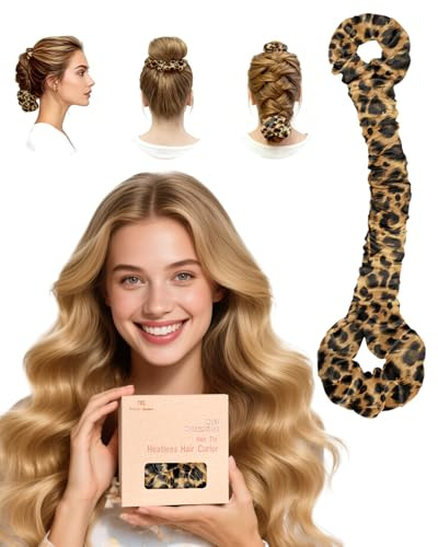 BONNET QUEEN Bigodini Morbidi per Dormire Satin Bigodino Lungo per Boccoli Arricciacapelli Senza Calore Hair Curler Heatless Curls con Scrunchie, Grandi, 1PZ, Leopardo