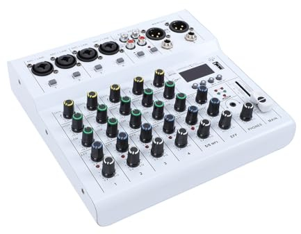 Luocute 6-kanals Mixer, DJ-kontroller med BT MP3-spelare 48V Phantom Power Inbyggd Portabel Mixerkonsol, Lämplig för Studioinspelning Livestreaming Karaoke (Vit)