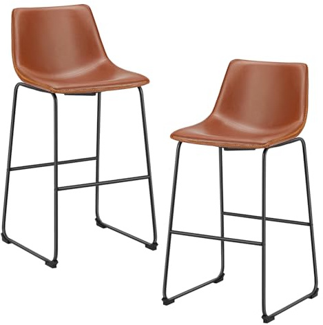 Sweetcrispy Counter Height Bar Stools Set of 2, 30 inch Height Stool Faux Leather Barstools with Back, Armless Kitchen Island Countertop Comfortable Modern Chairs with Metal Legs, Warm Brown