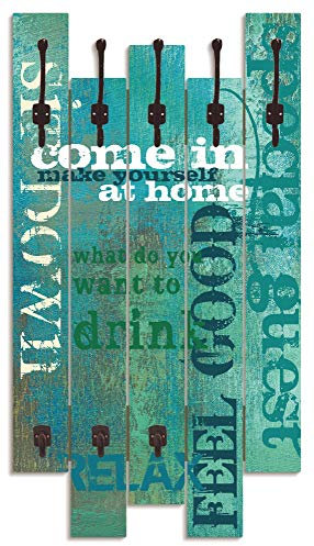 ARTLAND Wandgarderobe Garderobenpaneel Holz mit 8 Haken 63x114 cm Design Garderobe mit Motiv Shabby Chic Spruch Türkis T9LO