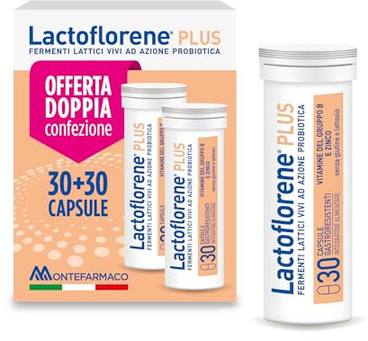 Lactoflorene Plus, Fermenti Lattici, Probiotici, Senza Glutine Senza Lattosio - Integratori Adulti con Probiotici, Zinco, Vitamina B per l’Equilibrio della Flora Intestinale (2 Pack 30+30 Capsule)