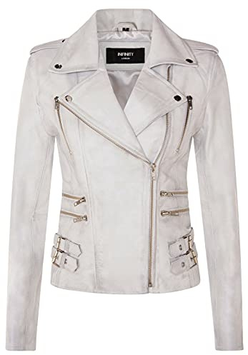 Damer retro 100 % nappa-läder bikerjacka, Vitt, XS