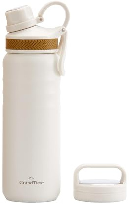 GrandTies 2 Lids Sports Stainless Steel Water Bottle– 24oz, Reusable Wide Mouth Vacuum Insulated Water Bottles, Travel Metal Canteen, Coldest Water bottle for Men and Women– Ivory White