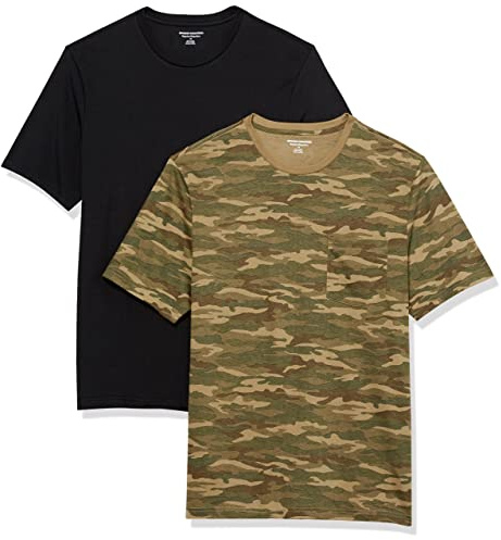 Amazon Essentials Camiseta con Bolsillo de Cuello a la Caja y Manga Corta Hombre, Pack de 2, Estampado de Camuflaje/Negro, XXL