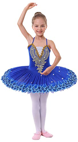 Odizli Robe de ballet pour fille - Bretelles spaghetti - Fleur - Plume - Broderie - Justaucorps de danse - Tulle - Tutu, A # bleu., 9-10 ans