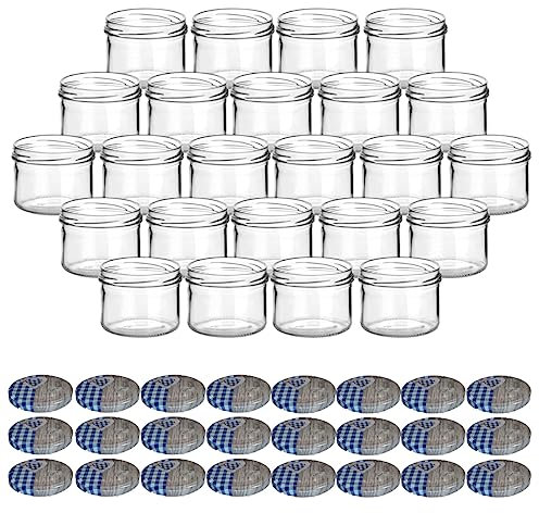 gouveo 24er Set Einmachgläser 230 ml rund mit Schraubdeckel Herz-blau - Vorratsgläser mit Drehverschluss TO82 - Marmeladengläser, Einkochgläser, Wurstgläser
