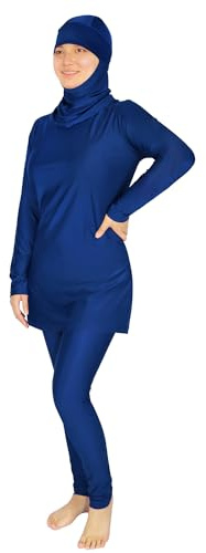 Plus Size Burkini Muslim Swimsuits for Women Modest Islamic Swimwear Long Sleeve Full Cover 3PCS Set Beachwear with Cap Dark Blue