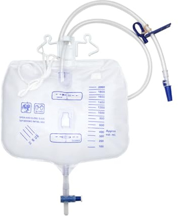 Ovovo 1 sacca di drenaggio urinario da 2000 ml, con camera anti-reflusso, sacchetto di scarico per la raccolta delle urine, tubo di drenaggio da 122 cm, clip e gancio per appenderlo