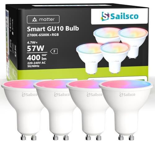 sailsco Ampoule Connectée Matter, Ampoule LED GU10 WiFi Intelligente Compatible avec Alexa et Smart Life, Multicolore RGB & 2700K-6500K,Dimmable,4.7W équivalent 57W,400LM,Commande Vocale,Lot de 4