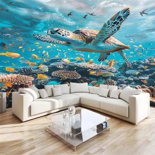Blue Wallpaper Mural Sea World Sea Turtles 3D Non-Woven Premium Wall Mural, Removable Photo Wallpaper & Art Print for Living Room Bedroom & Kids' Room Decoration Poster W250 X H175 Cm