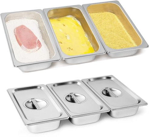 Cokaca Panierschalen Set 3-teilig mit Deckel aus Edelstahl GN 1/3 Behälter 32,5 x 17,5 x 6,5 cm - Rechteckige Metall Gastro Behälter - ideal für Schnitzel, Fleisch, Fisch