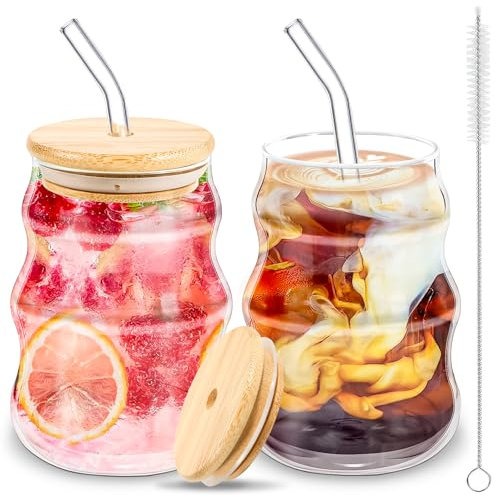 BUOAZR Juego de 2 Tazas de Café de Cristal, 530ML Vasos de Latte Macchiato, Vasos de Cóctel, Tazas de Vidrio Borosilicato, con Tapa con Pajita de Vidrio y Cepillo, para Café, Leche, Latte, Macchiato